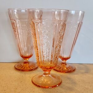 Vintage Depression Glass Open Rose Footed Ice Tea Set of 3